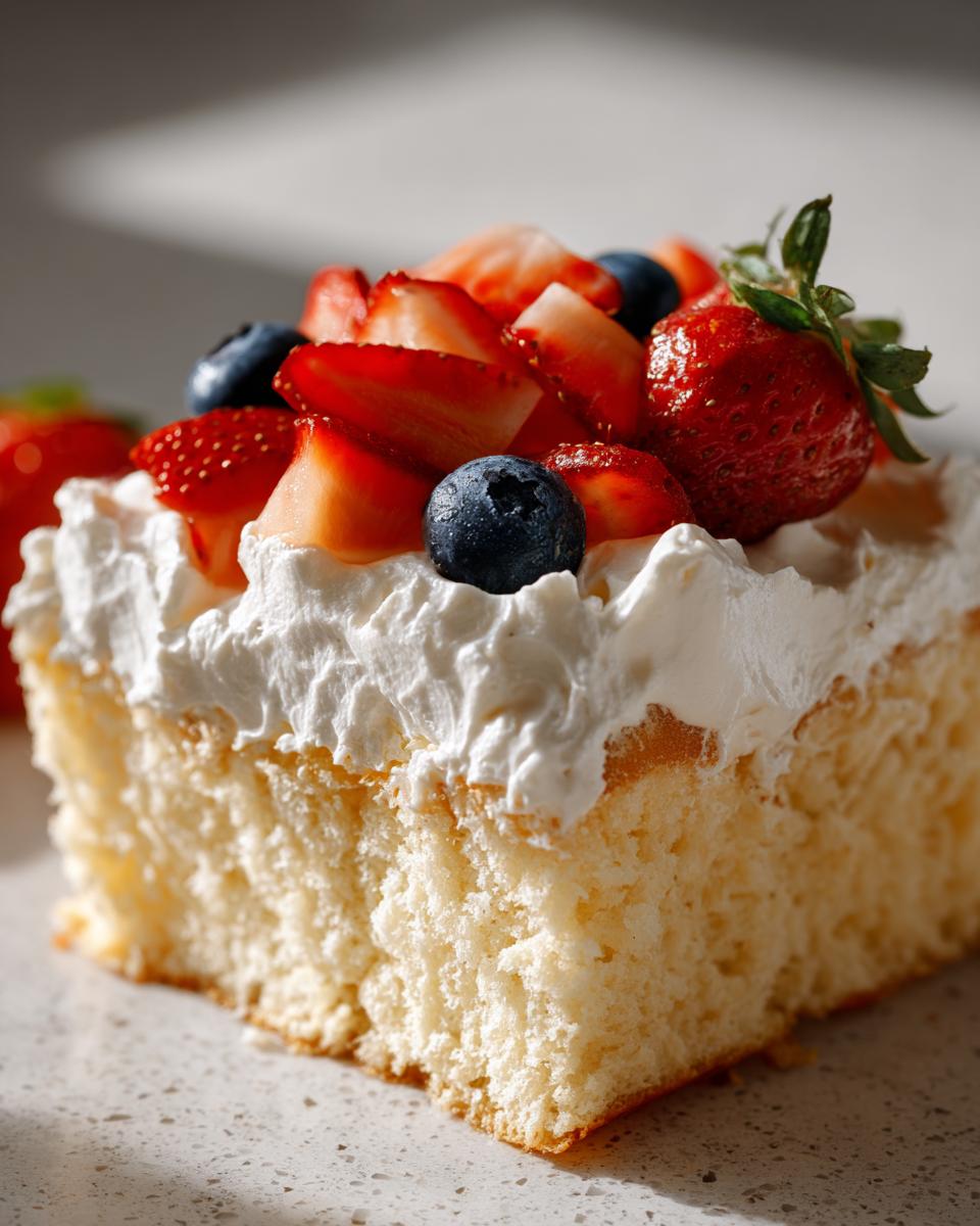 A slice of classic tres leches cake topped with whipped cream, strawberries, and blueberries.