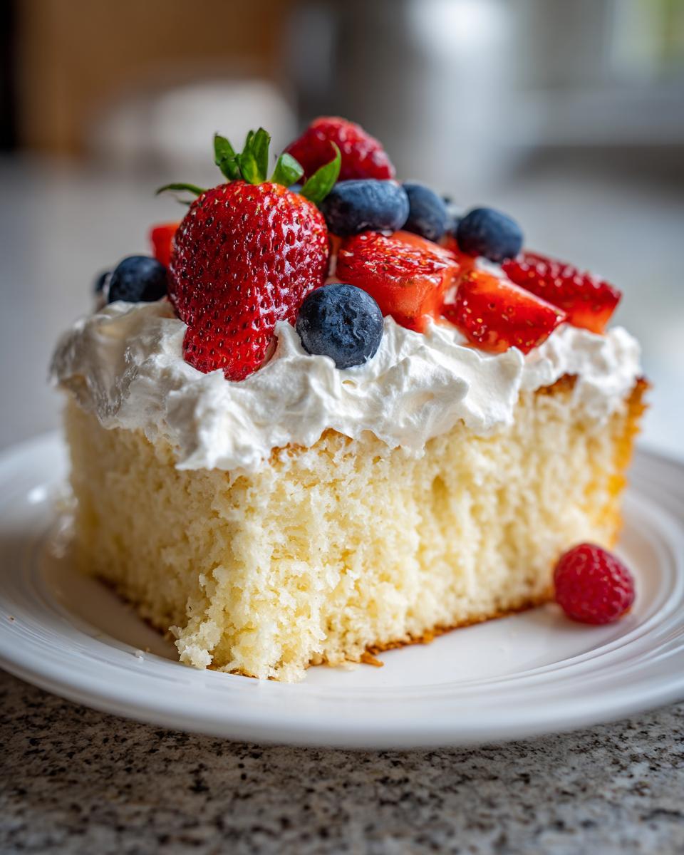 A slice of classic tres leches cake topped with whipped cream, strawberries, and blueberries.