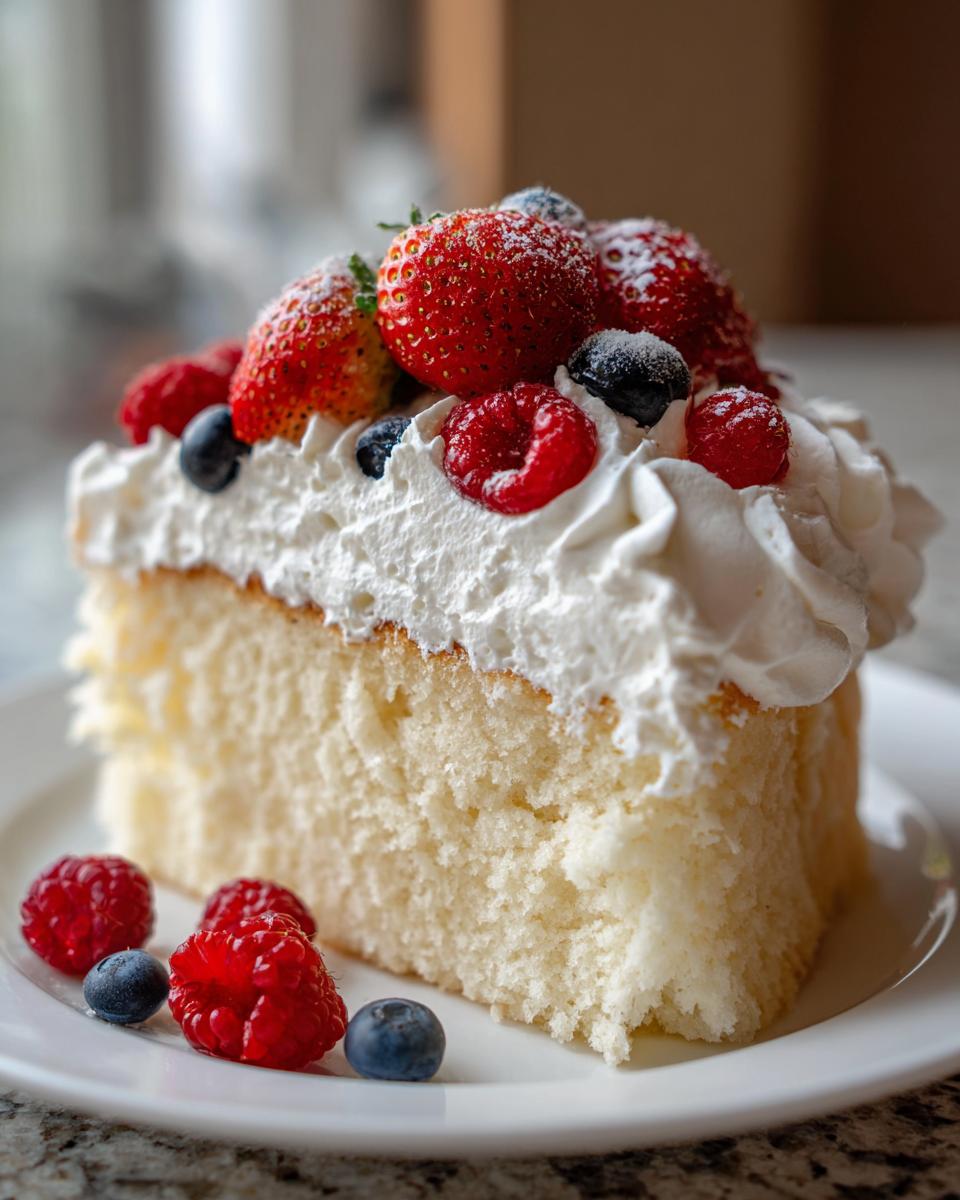 A slice of classic tres leches cake topped with whipped cream and fresh berries.
