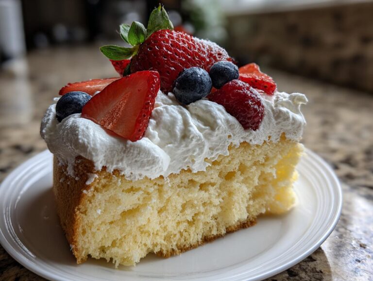 A slice of Classic Tres Leches Cake topped with whipped cream and fresh berries.