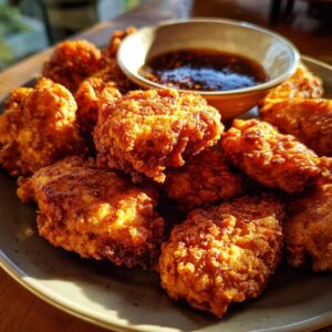 A plate of golden brown, crispy Copycat Chick-fil-A nuggets served with a dipping sauce.
