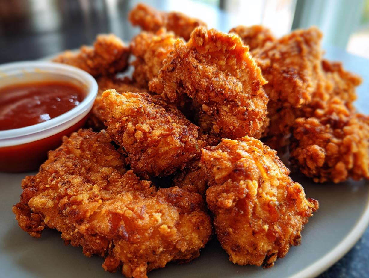 A plate of golden brown Copycat Chick‑fil-A nuggets, served with a side of dipping sauce.