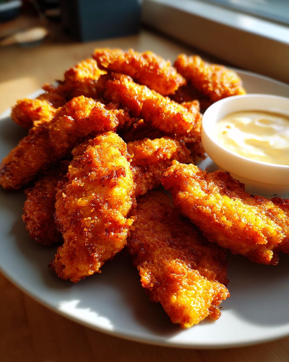 A plate of golden brown, crispy Copycat Chick‑fil‑A nuggets served with a creamy dipping sauce.