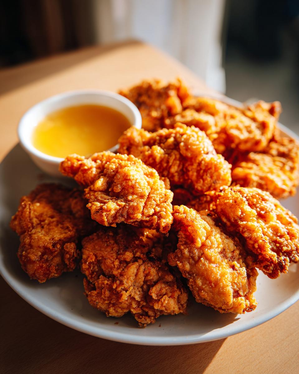 A plate of crispy, golden Copycat Chick‑fil‑A nuggets served with a side of dipping sauce.