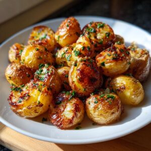 A plate of golden crispy smashed potatoes with garlic and herbs, ready to eat.