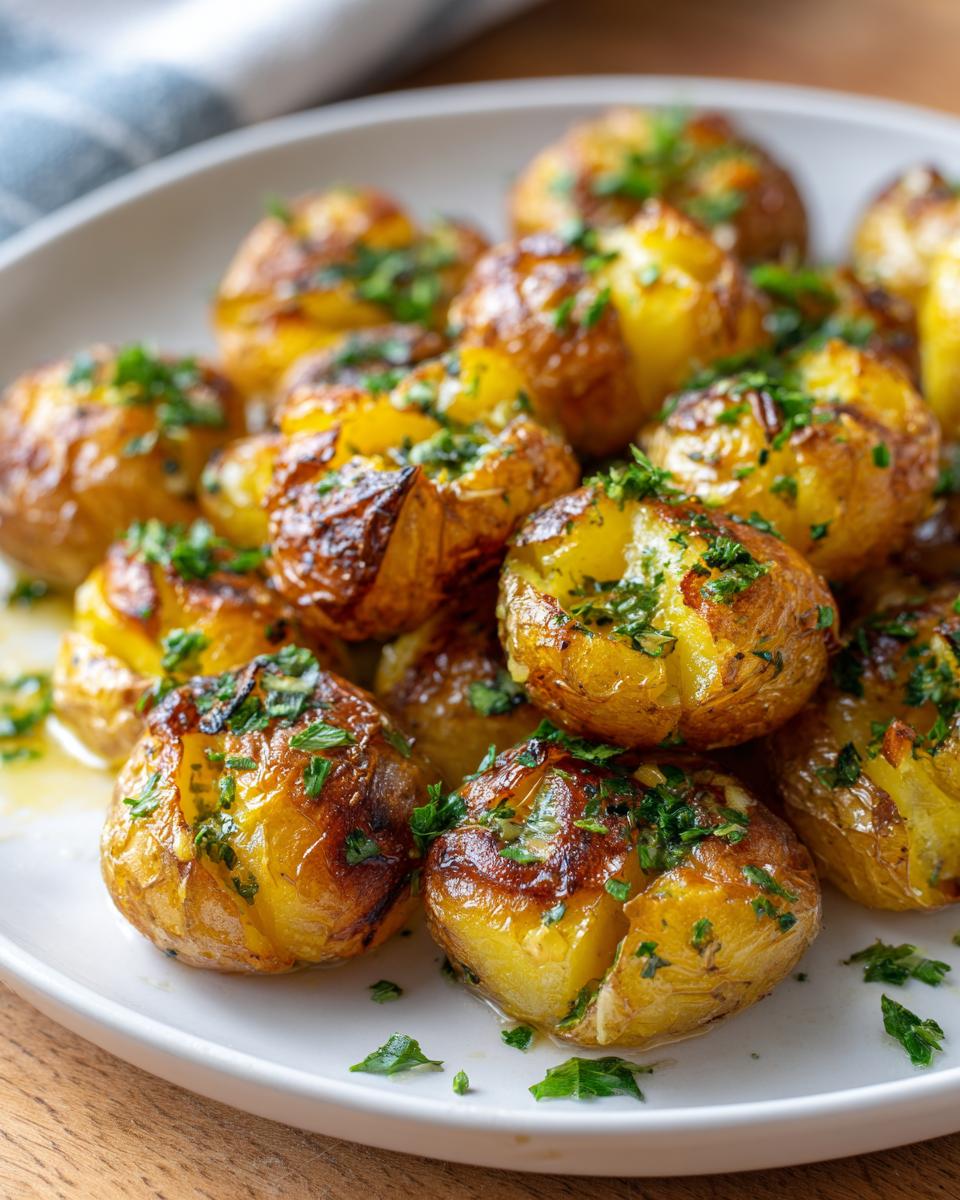 A plate of golden brown Crispy smashed potatoes with garlic and herb garnish.