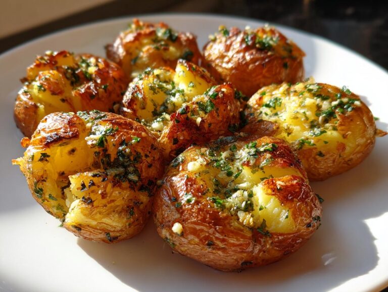 A plate of golden brown crispy smashed potatoes with garlic and herbs, ready to eat.