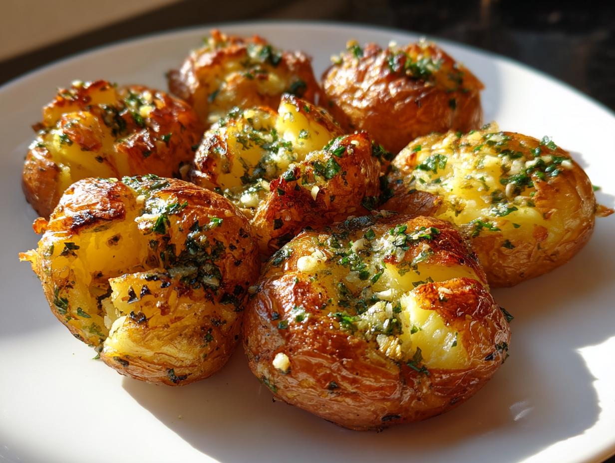 A plate of golden brown crispy smashed potatoes with garlic and herbs, ready to eat.