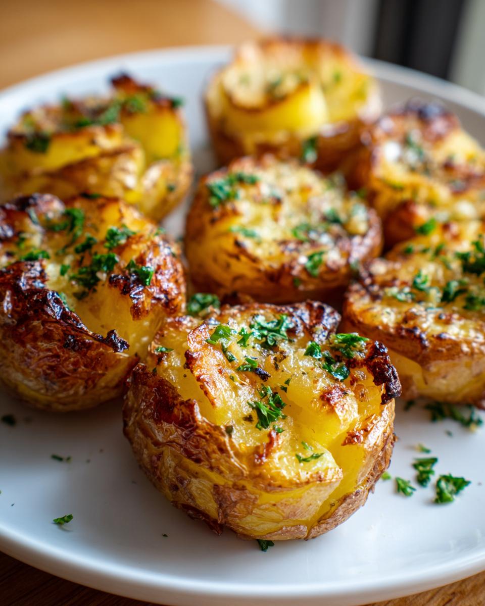 A plate of golden brown crispy smashed potatoes with garlic and parsley garnish.
