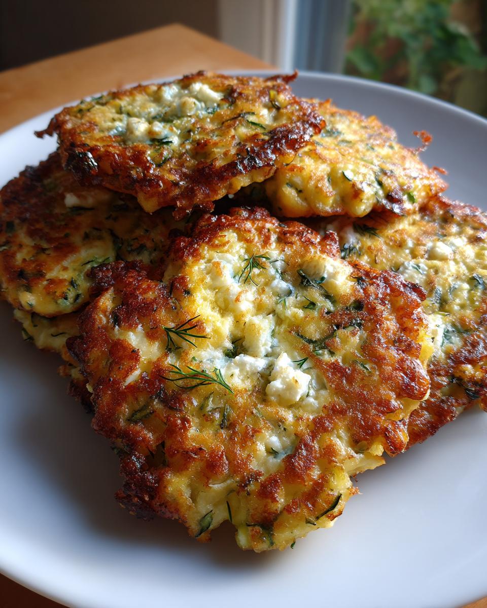 A stack of golden brown crispy zucchini fritters with feta, garnished with dill, on a white plate.