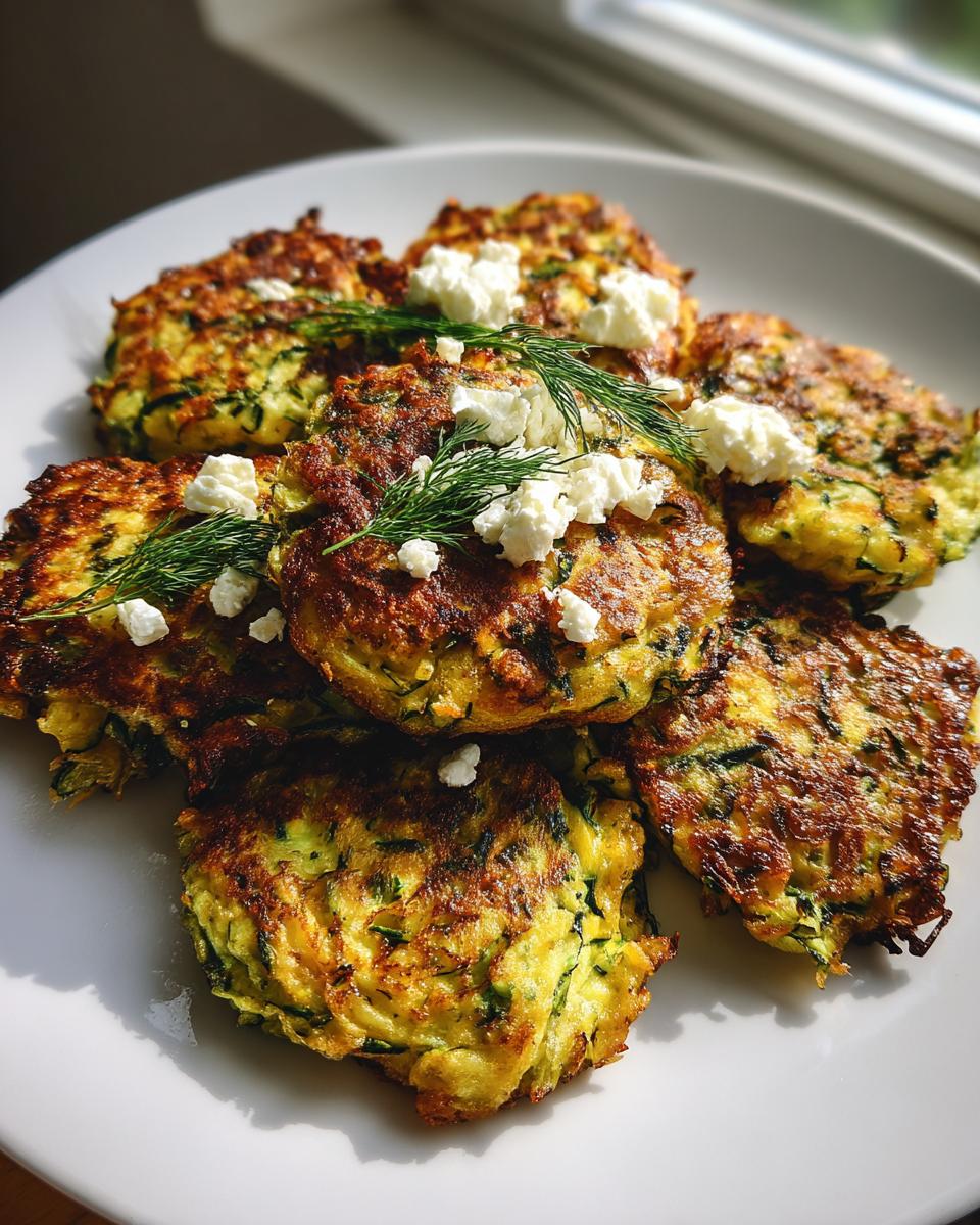 A plate of golden, crispy zucchini fritters with feta cheese and dill garnish.