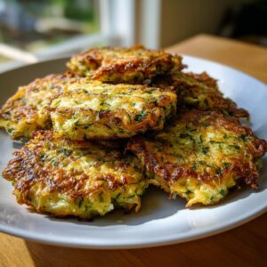 A plate of golden brown crispy zucchini fritters with feta, stacked and ready to eat.