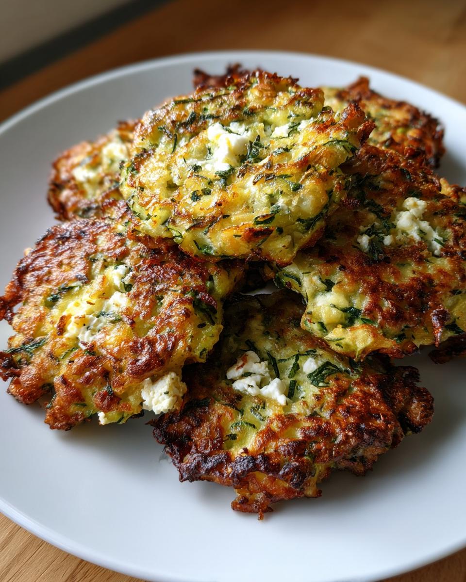 A plate of golden brown crispy zucchini fritters with feta, showcasing their texture and fresh ingredients.