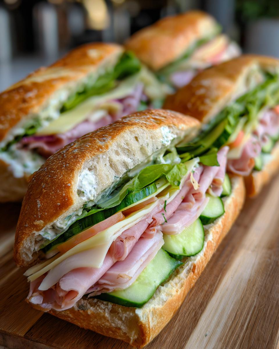 Close-up of cucumber sub sandwiches with ham, cheese, lettuce, and creamy dressing on a wooden board.
