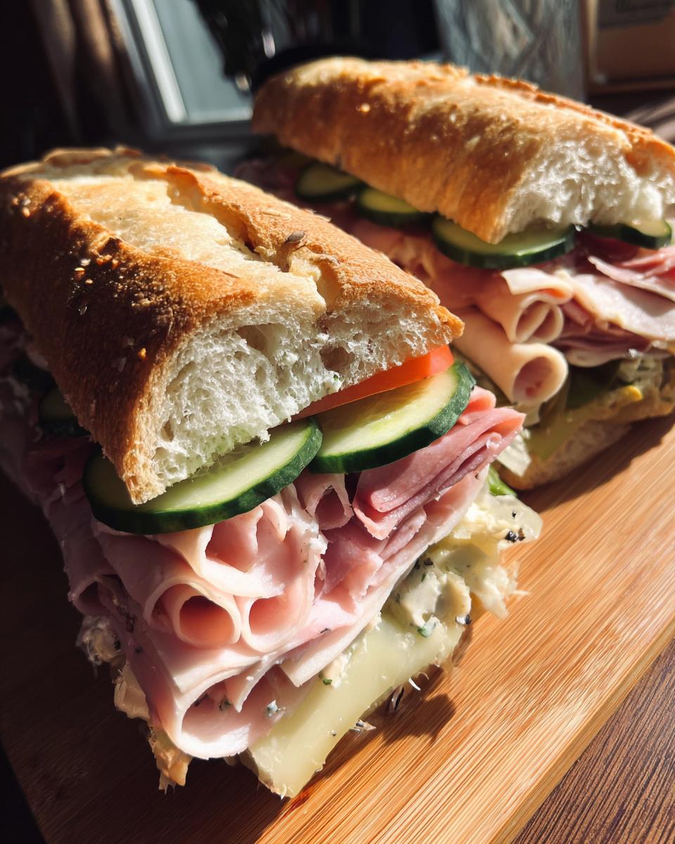 Two fresh cucumber sub sandwiches with sliced cucumbers, ham, and cheese on a wooden board.