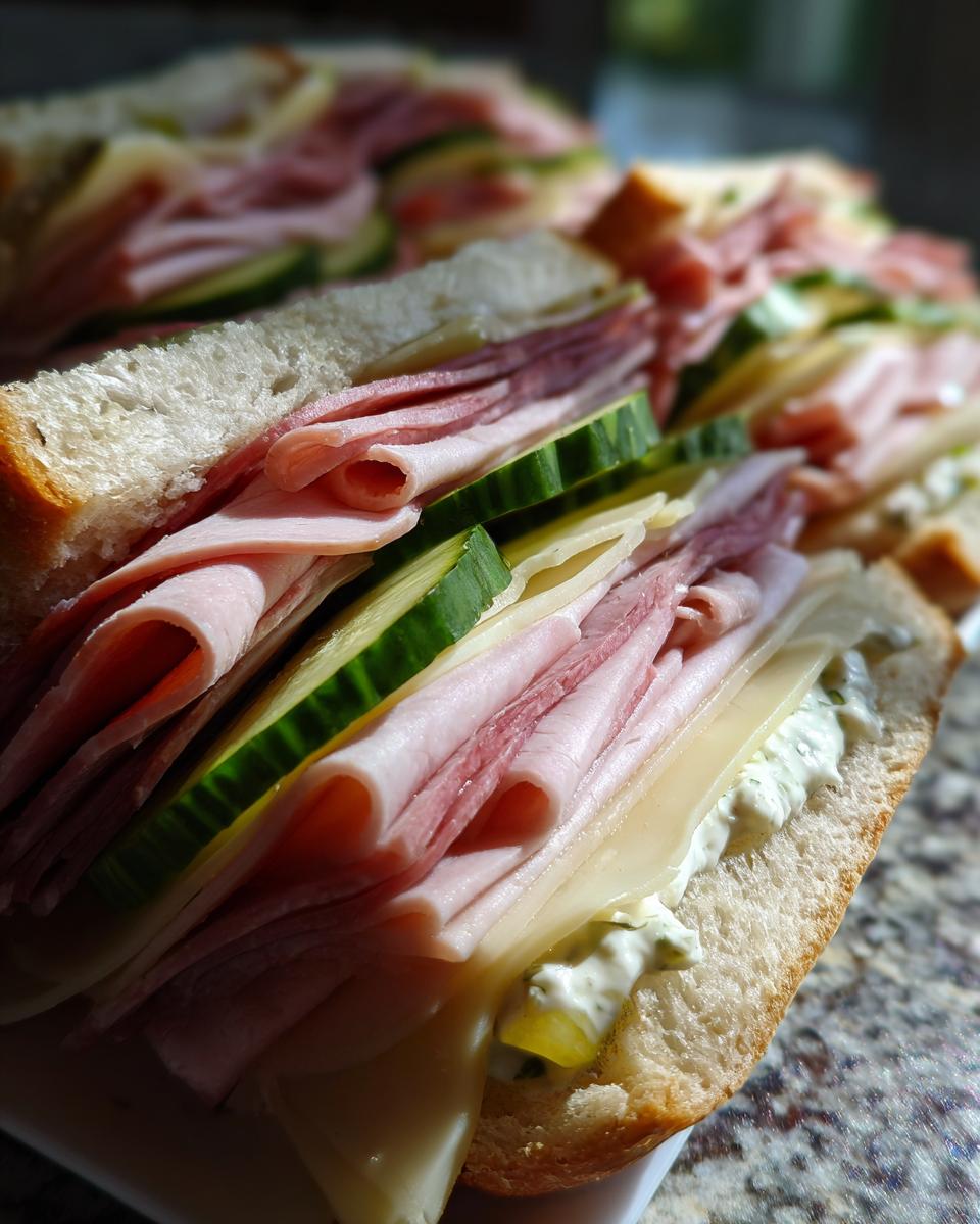 Close-up of Cucumber sub sandwiches featuring layers of ham, cheese, and sliced cucumbers.