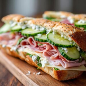 Close-up of Cucumber sub sandwiches with ham, cheese, cucumber slices and creamy topping.