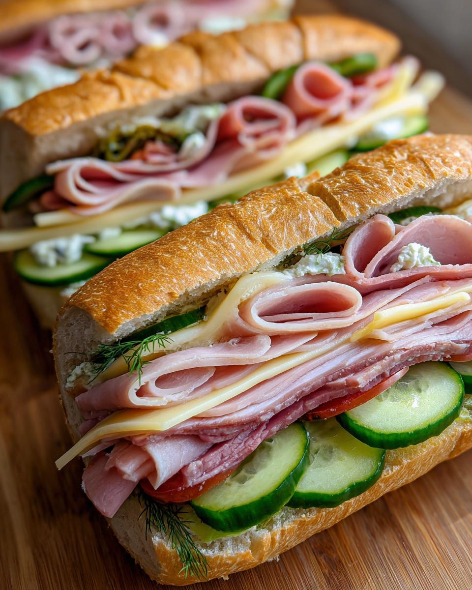 Close-up of Cucumber sub sandwiches filled with ham, cheese, and cucumber slices on a wooden board.