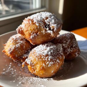 A stack of golden brown deep fried Oreos, dusted with powdered sugar on a white plate.
