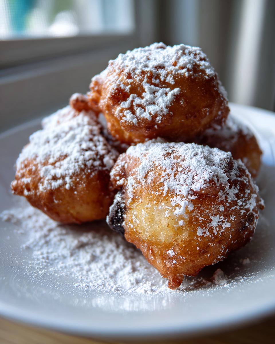 A stack of golden brown deep fried Oreos, generously dusted with powdered sugar, on a white plate.