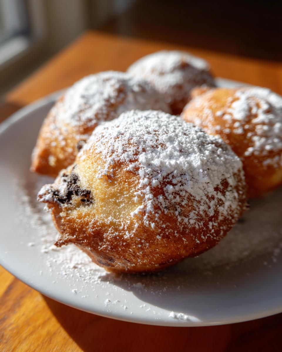 A plate of golden brown deep fried Oreos generously dusted with powdered sugar.