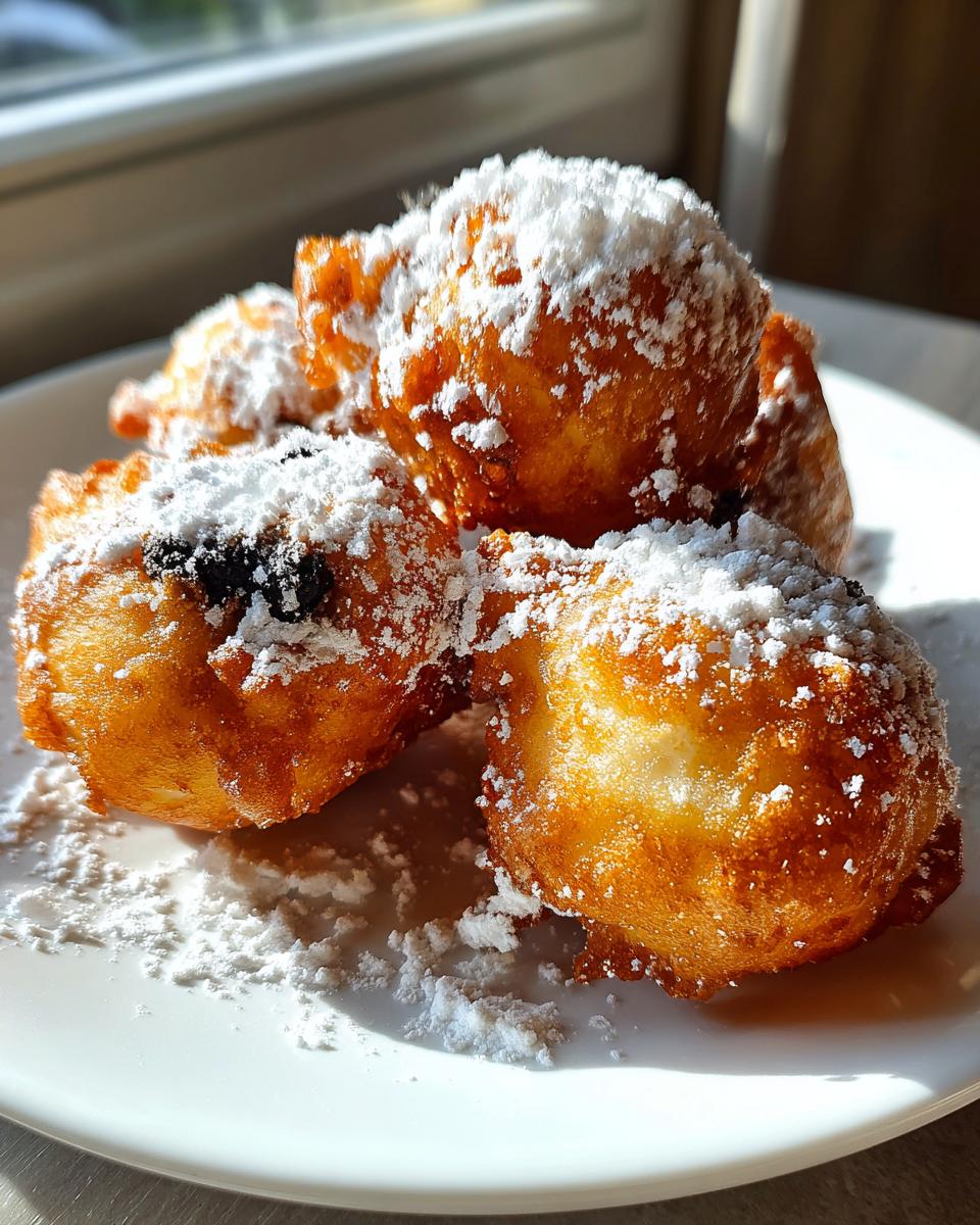A plate of golden deep fried Oreos, generously dusted with powdered sugar.