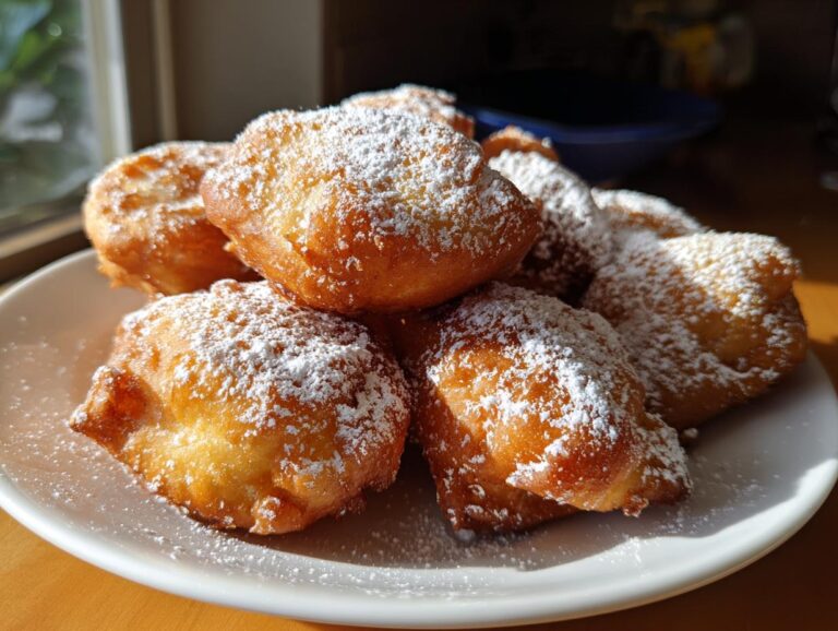 Pile of golden brown deep fried Oreos dusted with powdered sugar on a white plate.