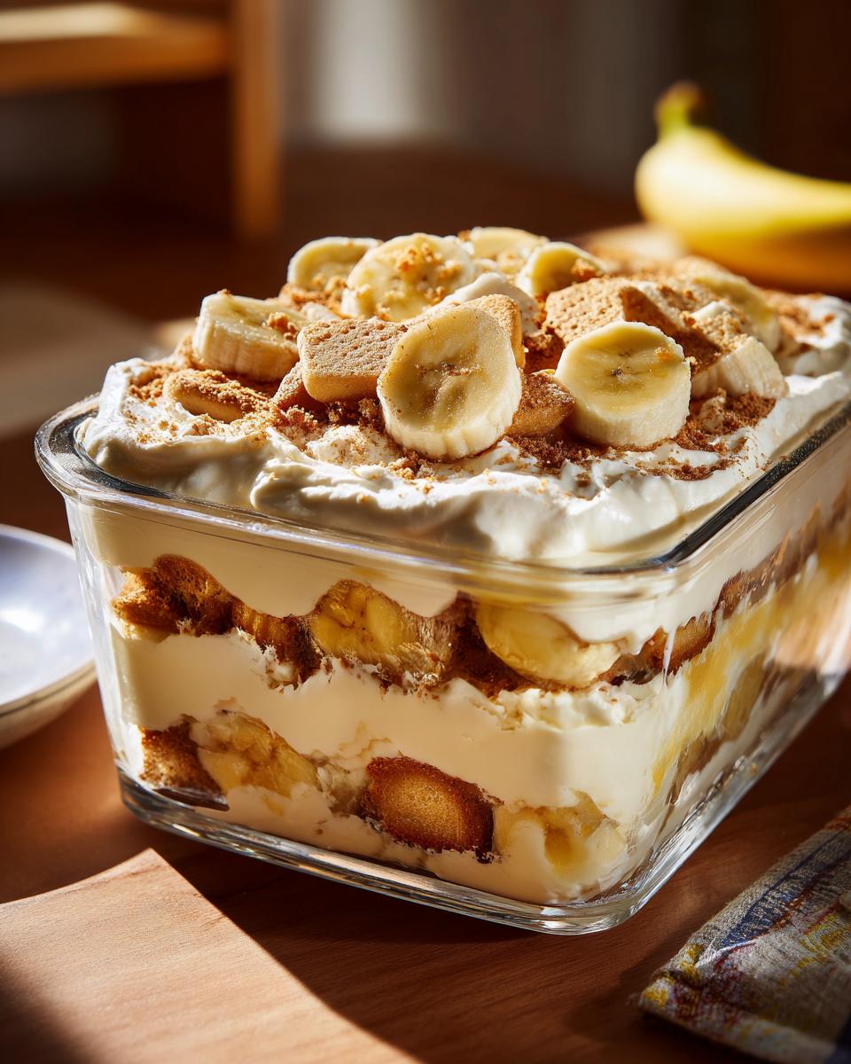 Layered easy banana pudding in a glass dish, topped with whipped cream, banana slices, and cookie crumbs.