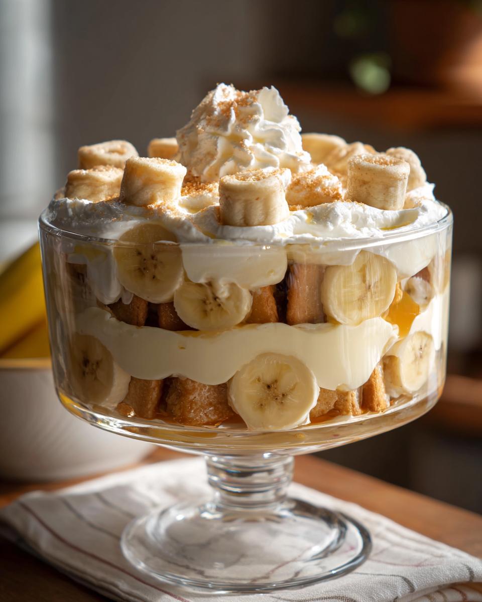 A layered easy banana pudding trifle with bananas, vanilla wafers, pudding, and whipped cream topping.