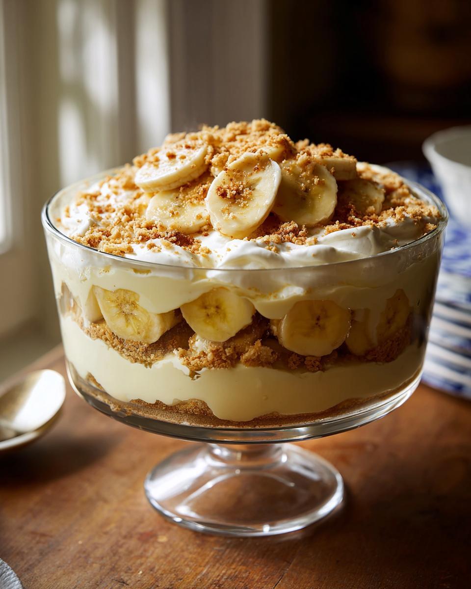 Layered easy banana pudding in a trifle bowl, topped with whipped cream, banana slices, and crushed cookies.