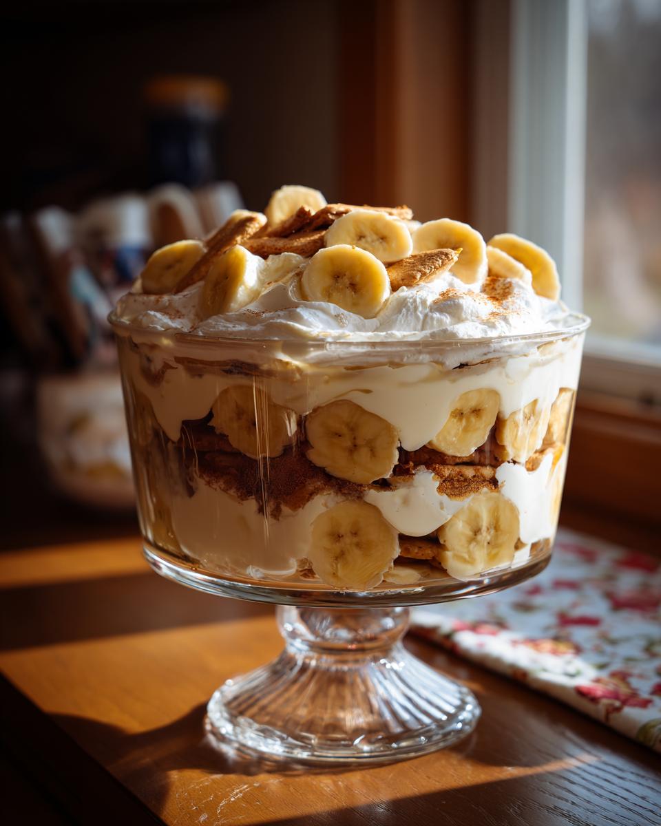 Delicious layered easy banana pudding in a glass trifle bowl, topped with whipped cream, banana slices, and wafers.