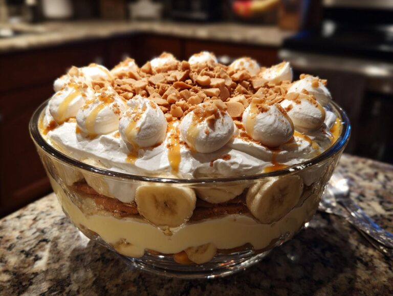 A layered easy banana pudding trifle in a glass bowl, topped with whipped cream, chopped toffee, and caramel drizzle.
