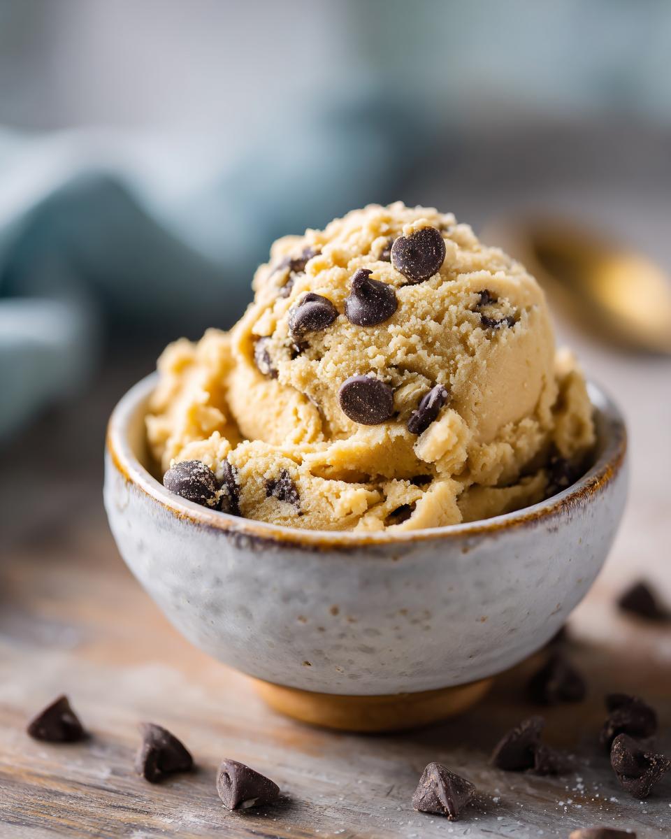 A bowl of homemade edible cookie dough, topped with chocolate chips and served on a wooden surface.
