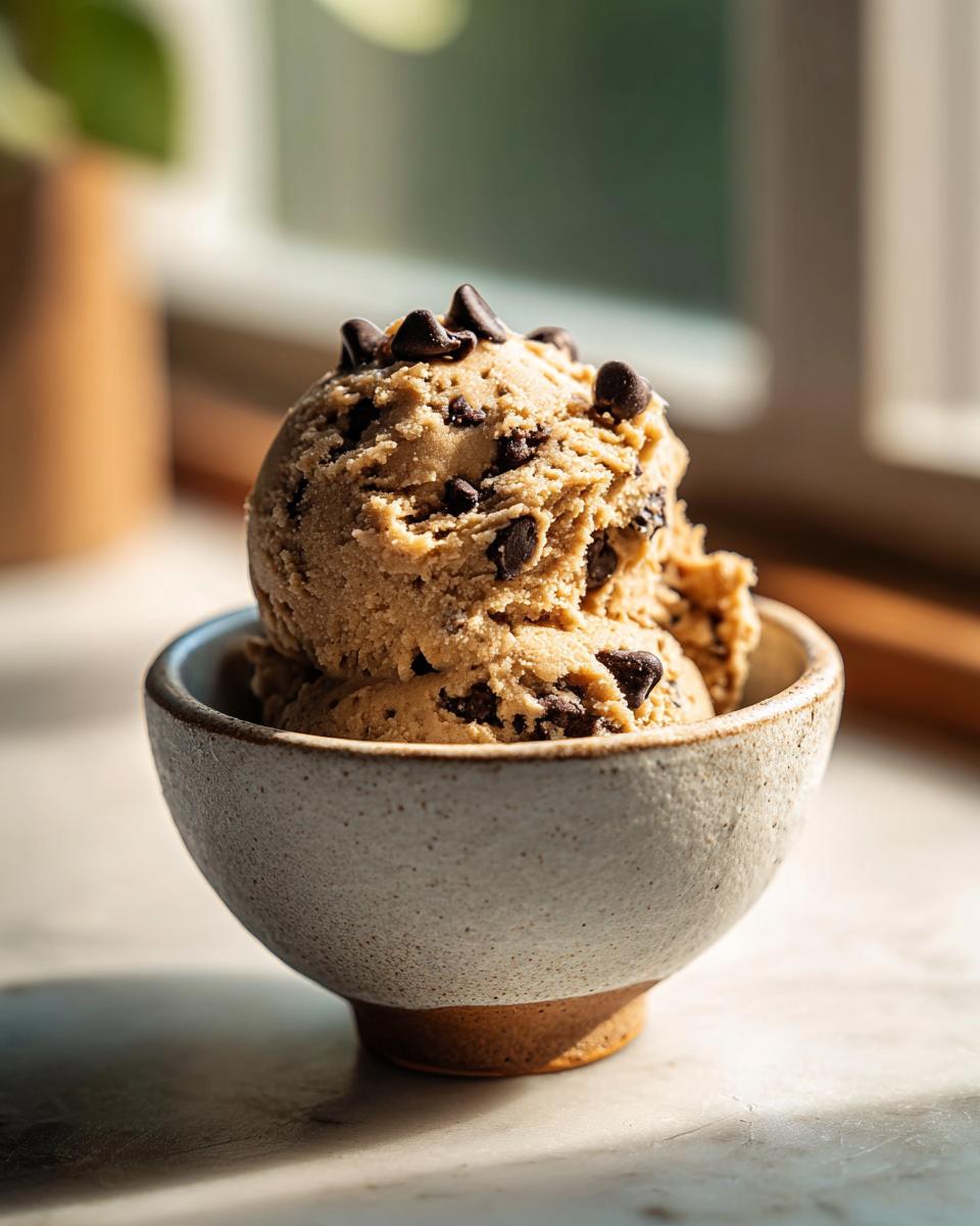 A bowl of safe edible cookie dough with chocolate chips, ready to eat.
