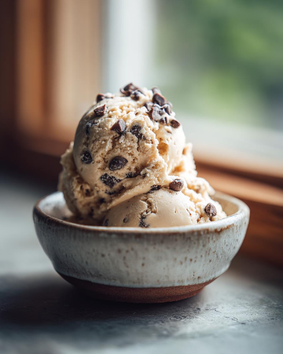 A bowl of creamy edible cookie dough, topped with chocolate chips, sits near a window.