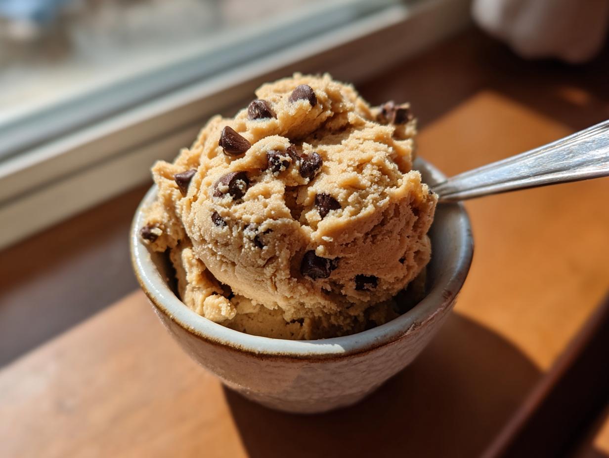 A bowl of safe edible cookie dough with chocolate chips, ready to eat with a spoon.