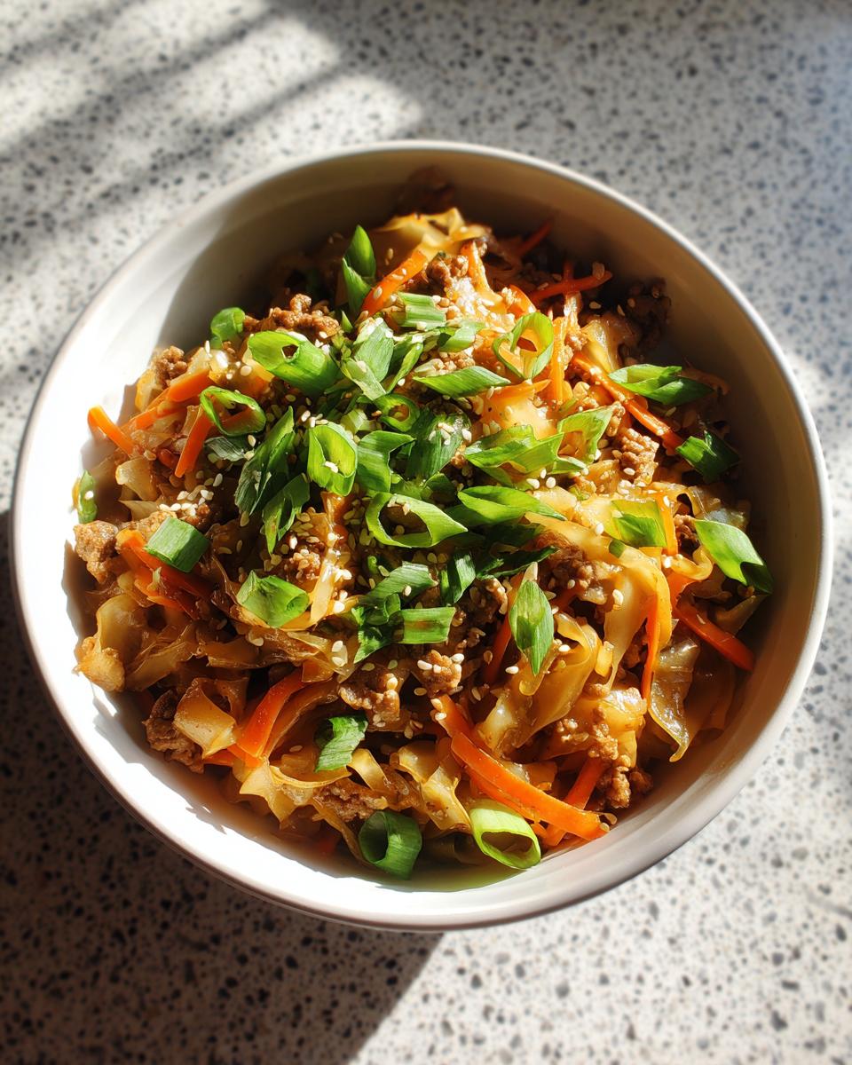 Overhead shot of a bowl of Egg roll in a bowl, garnished with green onions and sesame seeds.