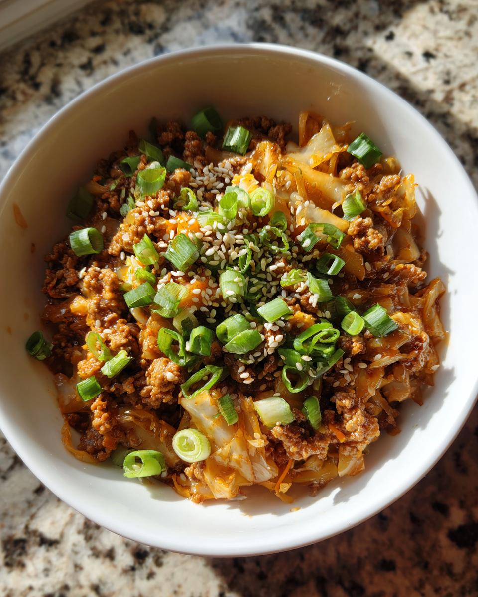 Overhead shot of egg roll in a bowl, featuring seasoned ground meat, cabbage, scallions, and sesame seeds.
