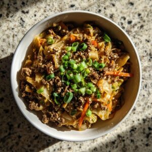 Overhead shot of a bowl of Egg roll in a bowl, garnished with green onions and sesame seeds.
