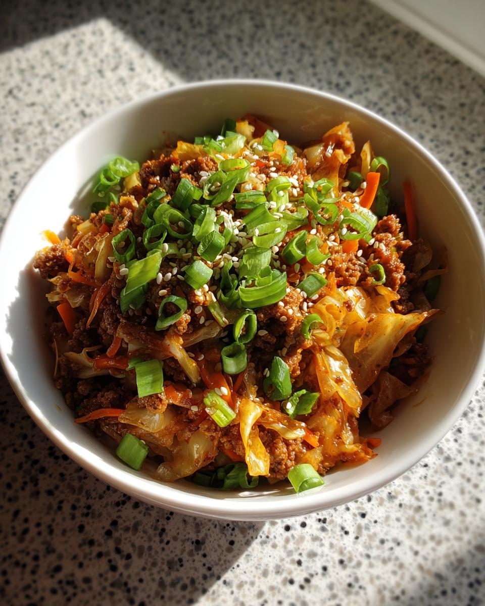 A vibrant bowl of Egg roll in a bowl, garnished with fresh scallions and sesame seeds.