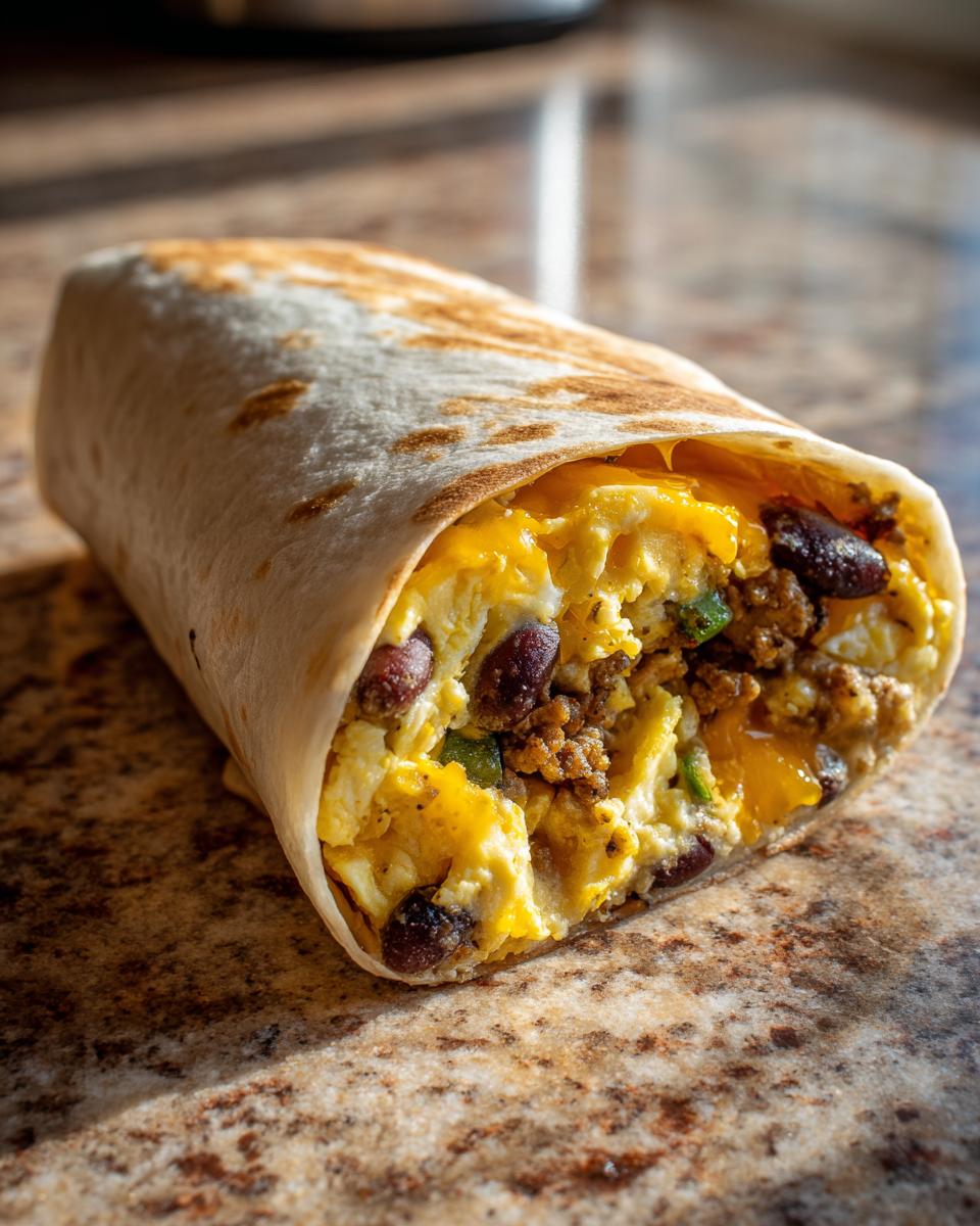 Close-up of a freezer breakfast burrito filled with eggs, beans, cheese, and meat.