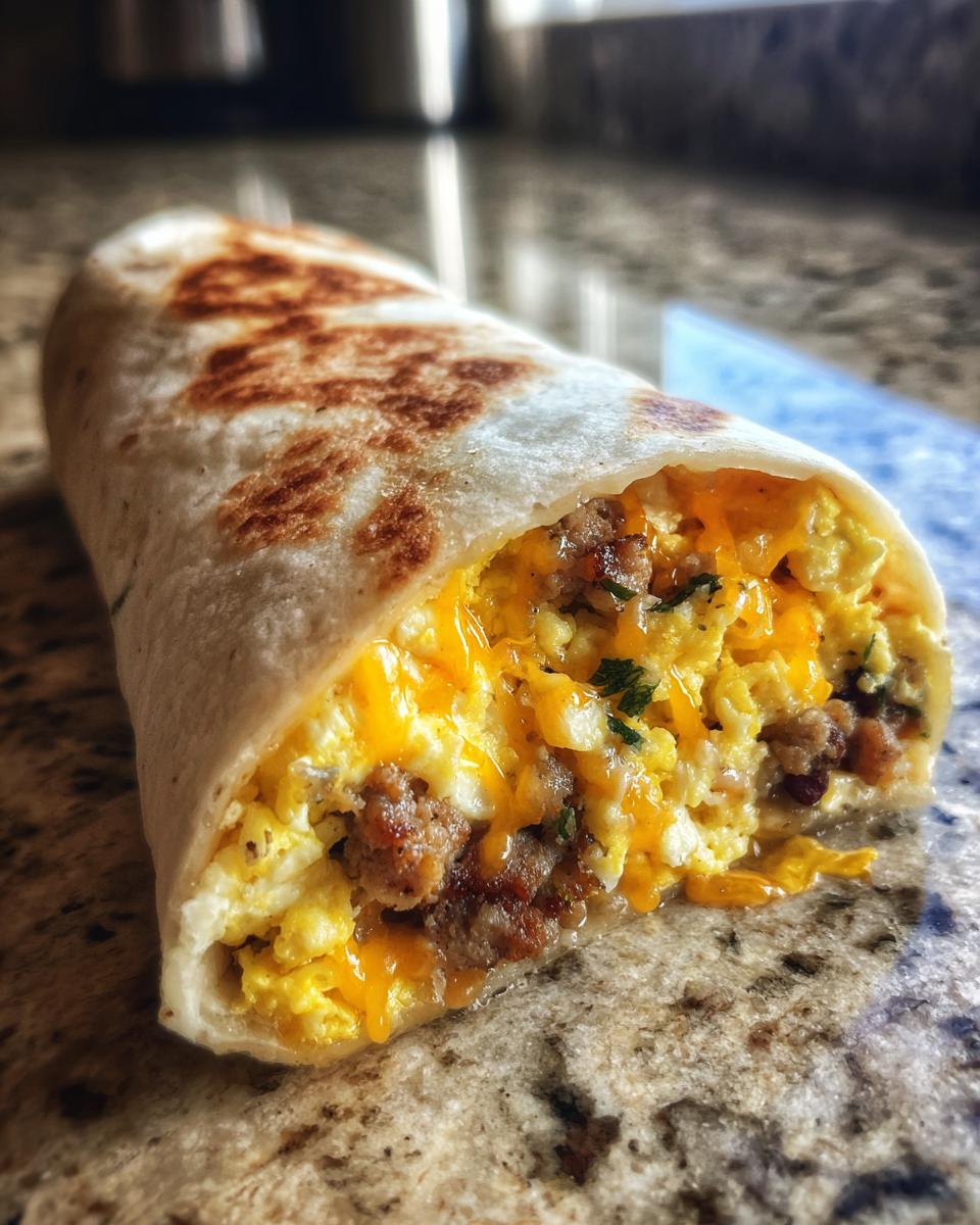 Close-up of a freezer breakfast burrito filled with eggs, sausage, and cheese.