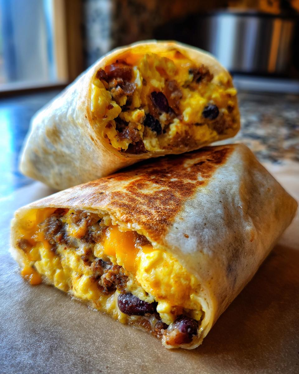 Two freezer breakfast burritos, cut in half to show the filling of eggs, sausage, beans, and cheese.