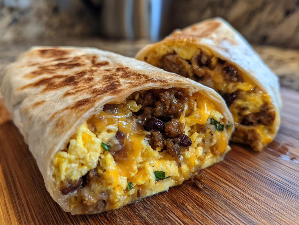 Two freezer breakfast burritos cut in half on a wooden board, showcasing the egg, sausage, and cheese filling.