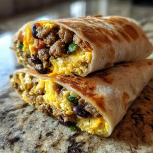 Two freezer breakfast burritos, cut in half and stacked, showcasing the filling of eggs, sausage, and beans.