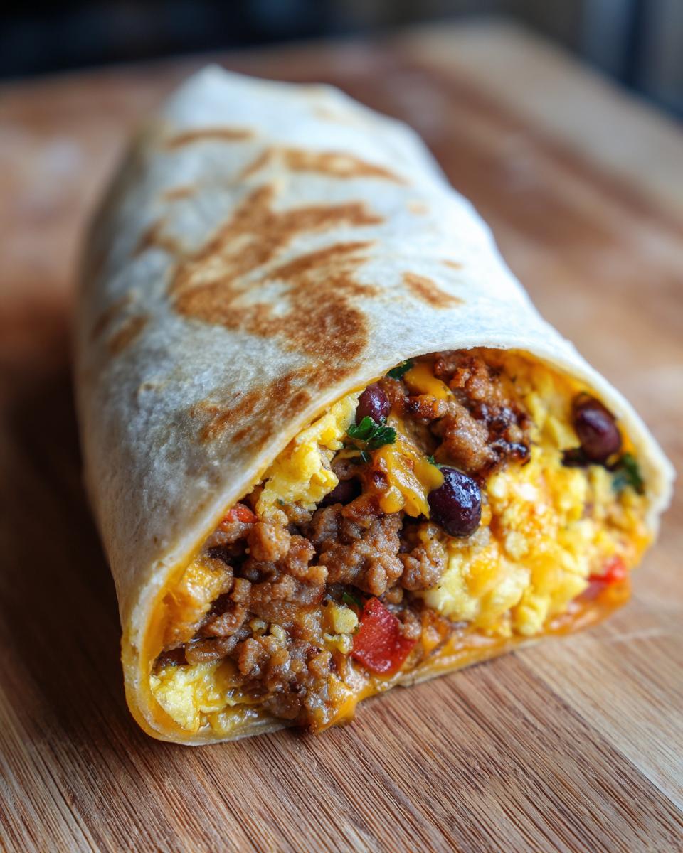 Close-up of a loaded freezer breakfast burrito with eggs, sausage, cheese, and beans.