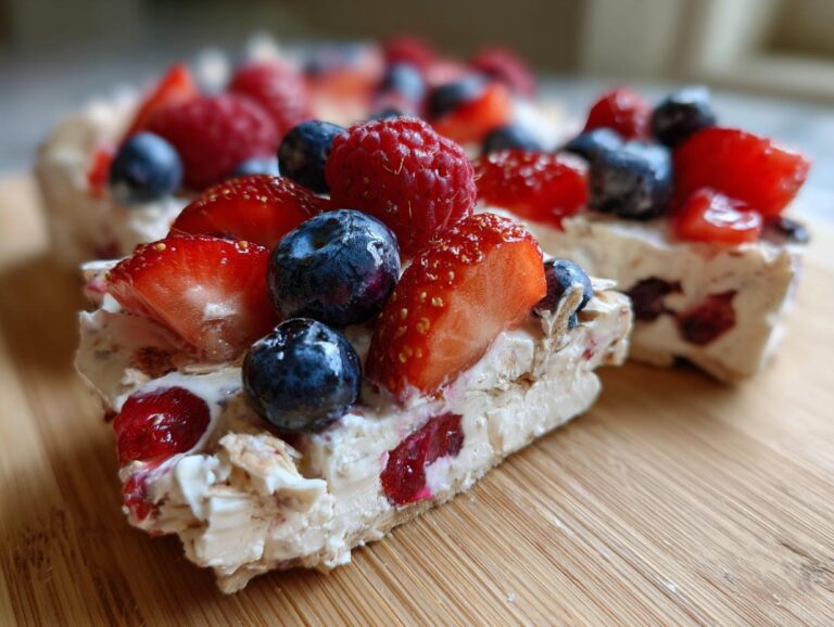 A close-up of frozen yogurt bark with berries, featuring strawberries, raspberries, and blueberries on a wooden surface.