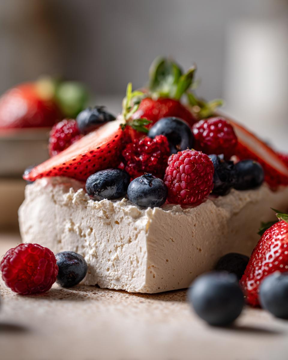 A close-up of frozen yogurt bark with berries, featuring strawberries, raspberries, and blueberries on top.