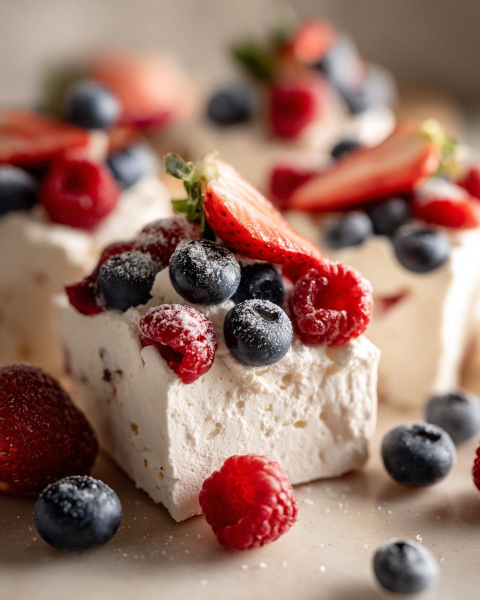 Close-up of frozen yogurt bark with berries, featuring strawberries, blueberries, and raspberries dusted with powdered sugar.
