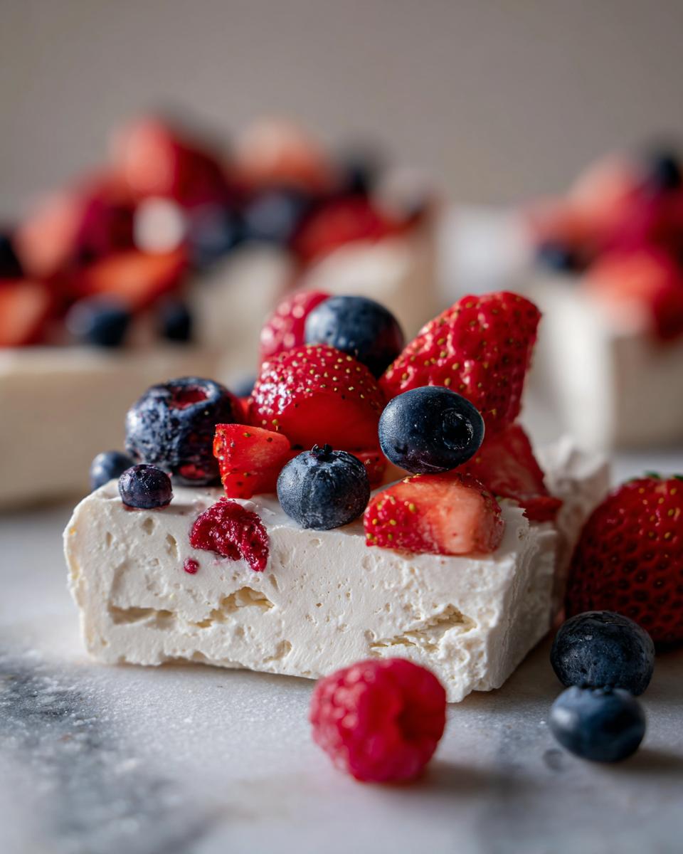 A close-up of frozen yogurt bark with berries, featuring strawberries, blueberries, and raspberries.